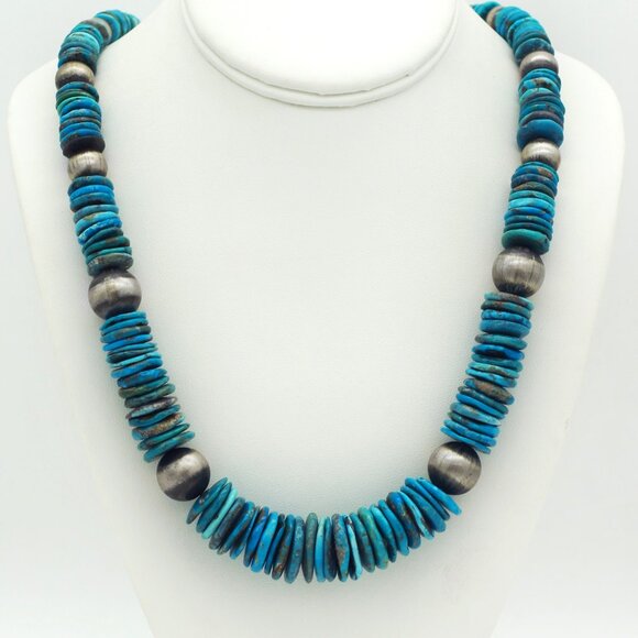 NAVAJO STERLING SILVER NATURAL TURQUOISE SILVER BALL BEADED NECKLACE